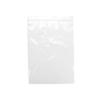 Small clear grip seal bag made with 30 percent recycled content with a 50 micron thickness measuring 102mm x 140mm