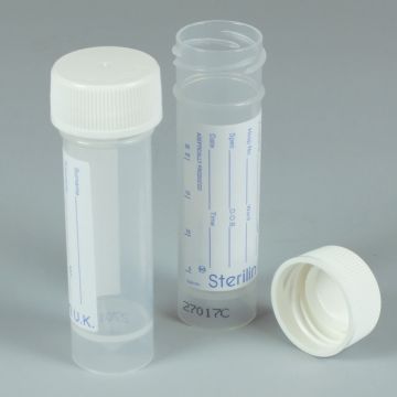 Universal Container 30ml Aseptically produced Conical Base Skirted Polypropylene Printed Label Polypropylene Cap Height 93mm Diameter 30mm