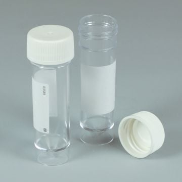 Universal Container 30ml Aseptically produced Conical Base Skirted Polystyrene Plain Label Polypropylene Cap Height 93mm Diameter 30mm