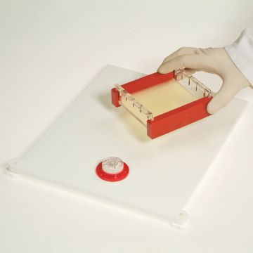 Gel Levelling Table with bubble level ensures gels are of a uniform thickness. 4 thumbwheels at each corner for adjustment