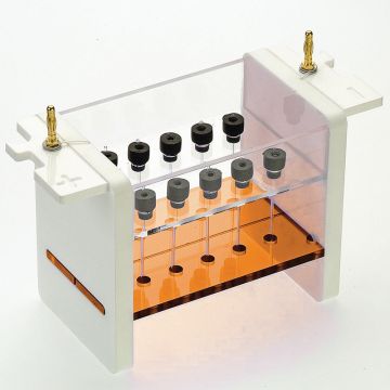 Capillary tube gel unit includes Clarit-E Mini Vertical electrophoresis tank and capillary gel insert with 10 capillary tubes and blanking ports