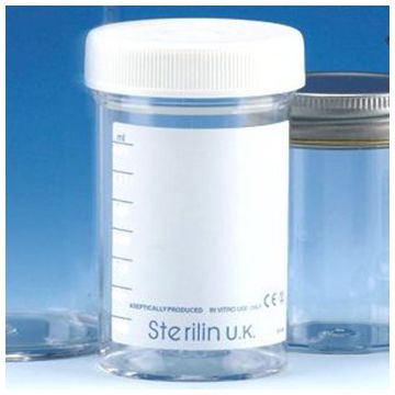 Sample Container 60ml Aseptically produced Polystyrene Plain Label Plastic Flow Seal Cap
