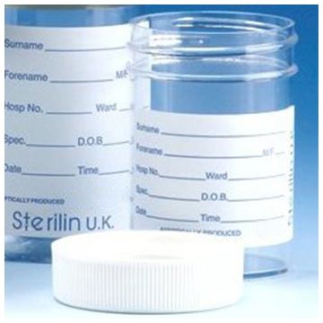 Sample Container 60ml Aseptically produced Polystyrene Printed Label Plastic Flow Seal Cap Pack of 300