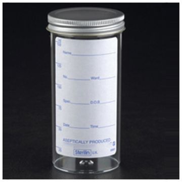 Sample Container 150ml Aseptically produced Polystyrene Plain Label Metal Flow Seal Cap