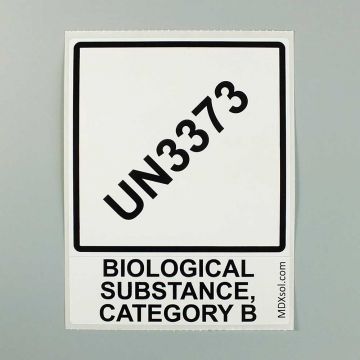Label 100 x 100mm pre-printed with diamond and text acoording to UN3373 P650 packaging instruction for transport of category B biological samples