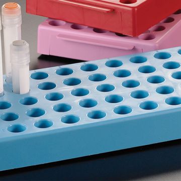 Workstation Blue for 50 cryogenic vials with locking base mechanism enabling single handed opening and closing of vials