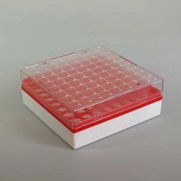 Cryovial Storage Box 81-Position Red for storage of 1.0 to 2.0ml internally and externally threaded cryogenic vials with lid and vial-picker