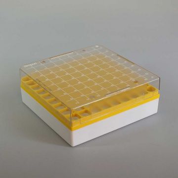 Cryovial Storage Box 81-Position Yellow for storage of 1.0 to 2.0ml internally and externally threaded cryogenic vials with lid and vial-picker