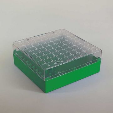 Cryovial Storage Box 100-Position Green for storage of 1.0 to 2.0ml internally and externally threaded cryogenic vials with lid and vial-picker