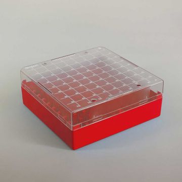 Cryovial Storage Box 100-Position Red for storage of 1.0 to 2.0ml internally and externally threaded cryogenic vials with lid and vial-picker