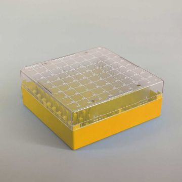 Cryovial Storage Box 100-Position Yellow for storage of 1.0 to 2.0ml internally and externally threaded cryogenic vials with lid and vial-picker