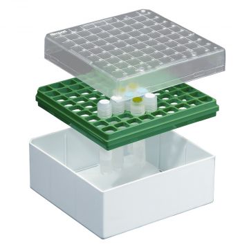 Cryovial Storage Box 81-Position Green for storage of 3.0 to 5.0ml internally and externally threaded cryogenic vials with lid and vial-picker
