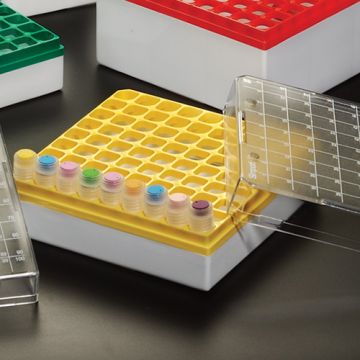 Cryovial Storage Box 81-Position Yellow for storage of 3.0 to 5.0ml internally and externally threaded cryogenic vials with lid and vial-picker