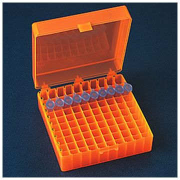 Rack 100-Position Freezer Rack Hinged Lid 10 x 10 Array Orange Temperature -90C to 120C Fits 1.5ml 2.0ml Microtubes or 1.2ml Cryovials