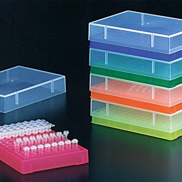 Rack 96 well PCR with lid assorted colours holds 0.2ml PCR tubes strip tubes or 96 well PCR plates can be clipped into PCR workstation for PCR set up
