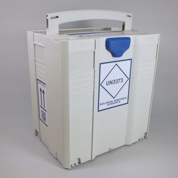 Transport Box MedDXTainer 5 UN3373 regulatory marked stackable and lockable for transport of multiple category B medical samples